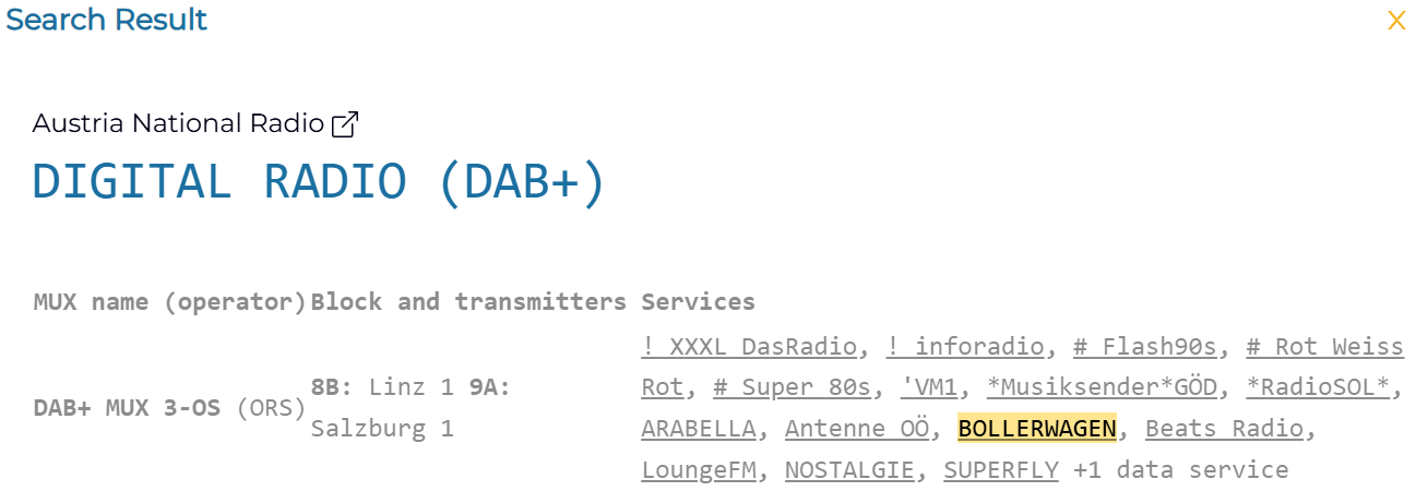 WRTH Web App search result for Bollerwagen: Austria, digital radio (DAB+), multiplex DAB+ MUX 3-OS operated by ORS, blocks 8B Linz 1 and 9A Salzburg 1, with its list of services and Bollerwagen highlighted.