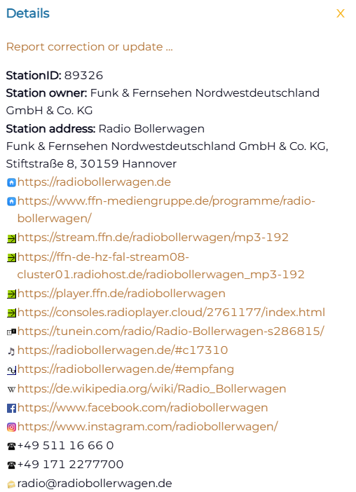 WRTH Web App station details for Radio Bollerwagen: station ID, owner Funk & Fernsehen Nordwestdeutschland GmbH & Co. KG, postal address in Hannover, website, stream and player links, TuneIn, Wikipedia, Facebook and Instagram links, two phone numbers and an email address.